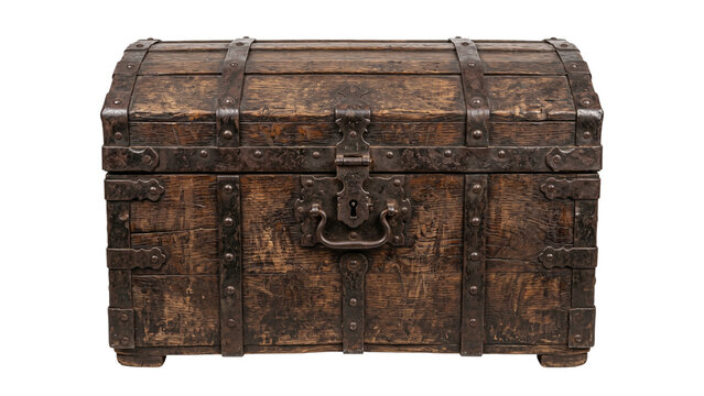 Old antique wooden treasure chest with rusted metal bands and ornate latch isolated on transparent background object.