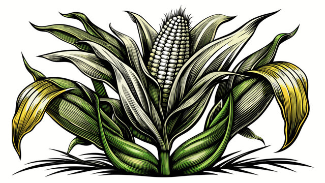 Very beautiful black and white vector illustration of a CORN PLANT with detailed leaves and realistic crop structure, isolated on white background, with the label "CORN PLANT" displayed beneath the cr