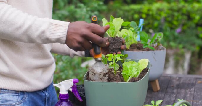 African man pulling plug, potting into planter with trowel at table, in cream sweater for garden