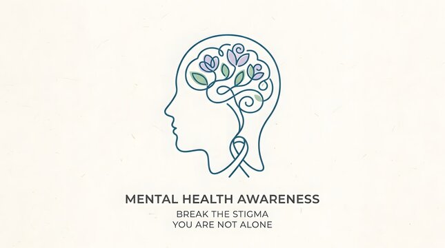 Mental health awareness human head icon with brain flowers and ribbon isolated on white background