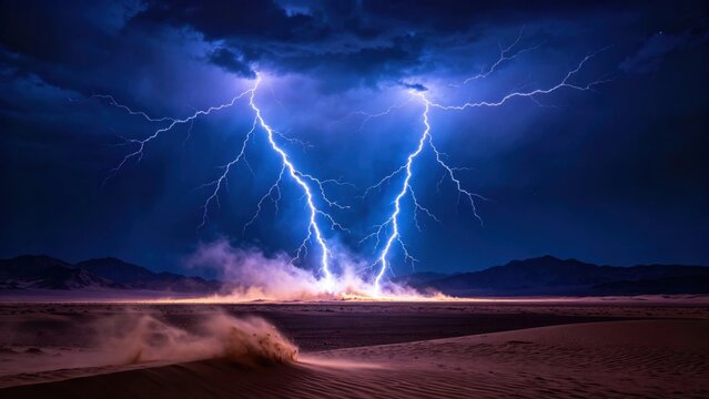 Twin lightning bolts striking open desert