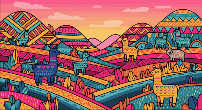 A vibrant and colorful folk art vector illustration of llamas and alpacas in a stylized, patterned Andean mountain landscape at sunset. Whimsical and decorative.