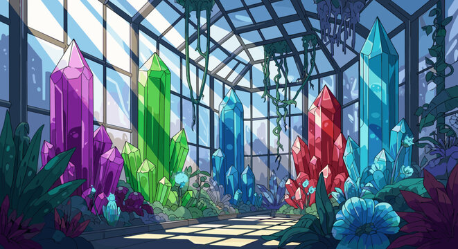 A fantasy greenhouse vector illustration with luminous crystals and magic plants. Sunlit interior background for a game, sci-fi, or fairytale project.