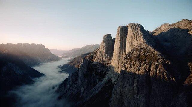Majestic drone footage panning across dramatic rocky mountain peaks bathed in warm golden hour light, with a low-lying cloud inversion filling the valley below