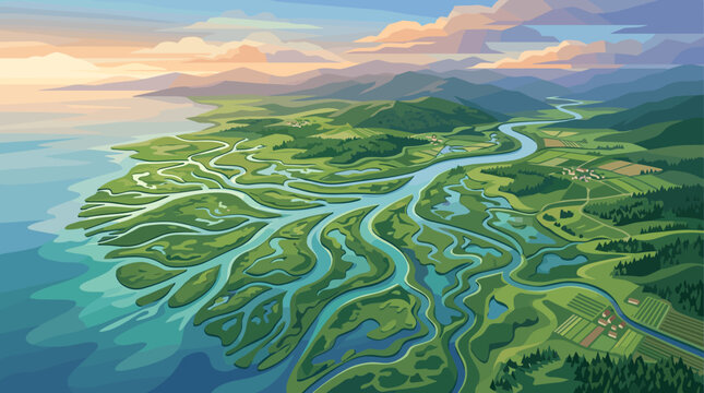 A stunning aerial vector illustration of a vast river delta meeting the ocean. A peaceful landscape with mountains and a sunset sky. Ideal for travel or environmental themes.