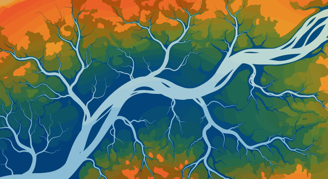 An abstract vector background of a river delta or tree root system. The colorful, flowing design is ideal for environmental, science, or network technology themes.