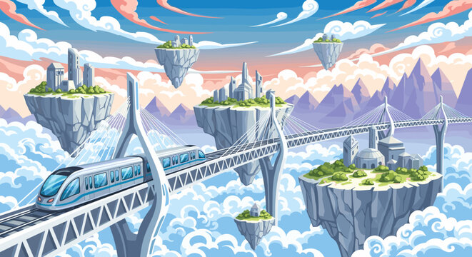 A futuristic high-speed train travels on a bridge connecting floating islands with cities above the clouds. An optimistic vision of future technology and transportation.