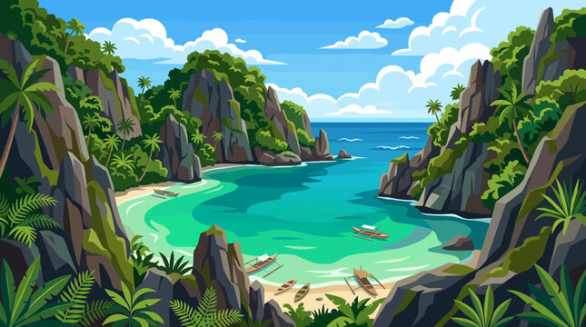 A stunning vector illustration of a secluded tropical lagoon. Features a sandy beach, turquoise water, and rocky cliffs covered in lush jungle. A perfect paradise getaway.