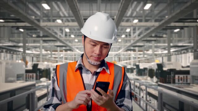 Front View of Asian Male Engineer Use Smartphone While Walking at Modern Solar Panel Manufacturing Factory with Automated Robotic Assembly Line