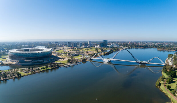 Aerial Of Matagarup Bridge & Stadium, Swan River Perth