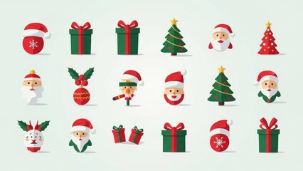 Fototapeta premium Flat-style Christmas icons include gifts, Santa, & trees against light background