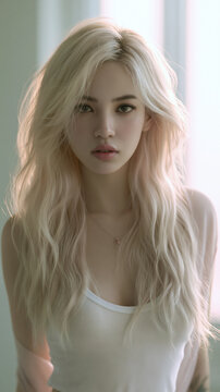 surreal asian blonde in fantasyworld, dreamlike blonde beauty in wonderland, ethereal bombshell in surreal realm