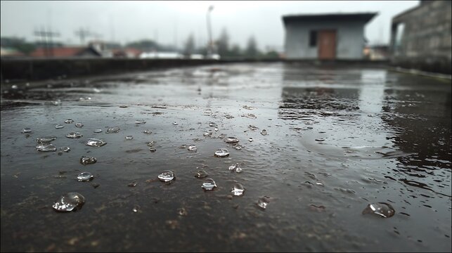 Raindrops falling on a wet rooftop during a cloudy day.