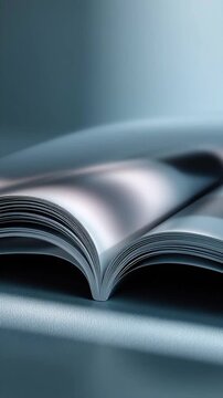 Close up slow motion footage of open book pages turning gently in bright studio light revealing crisp white paper with soft focus background elegant and serene.