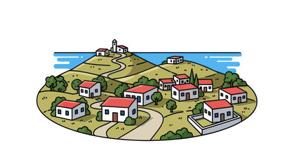Naklejka premium Stylized Coastal Village Illustration on Green Hills