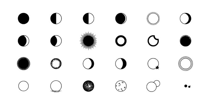 Moons Depicting Various Celestial Phases in Black and White with Different Artistic Styles and Patterns