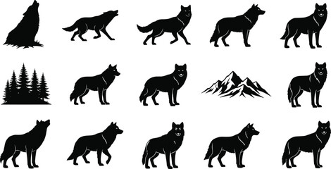 Obraz premium Wolf Silhouette Collection with Forest and Mountain Wilderness Vector Elements