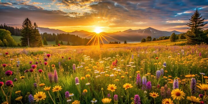 Warm golden light illuminates a serene meadow ablaze with vibrant wildflowers as dawn breaks on the Spring Equinox sunrise