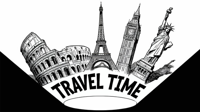 Famous World Landmarks Collage: Colosseum, Eiffel Tower, Big Ben, Statue of Liberty, with "Travel Time" Text, Black and White Line Art Illustration