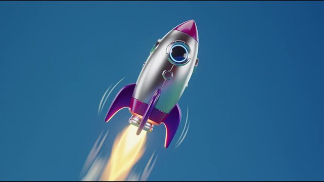 Stylized space rocket ship launching with engine fire