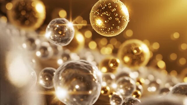 Gold molecule with peptide collagen background concept. Close up of glowing golden and transparent molecular spheres representing science and technology concepts