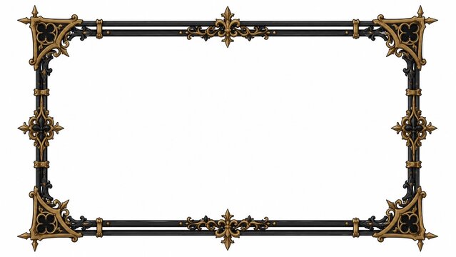 Gothic style rectangular frame with black iron and golden ornate decorations on a white background.