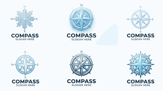 Collection of Six Modern Compass Logos with North, South, East, West Cardinal Directions, Vector Graphics for Navigation and Design