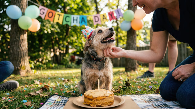 Woman celebrating dog adoption with cake.
