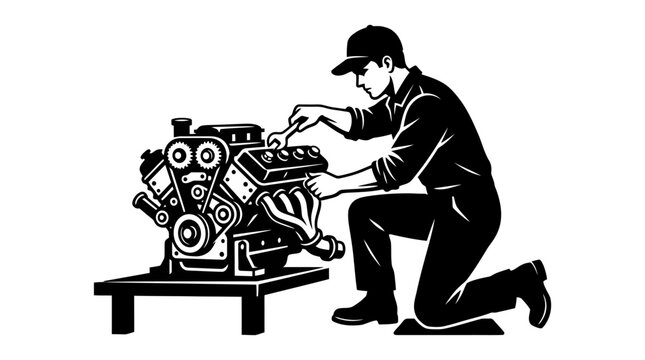Mechanic Fixing Car Engine with Wrench, Automotive Repair Service Illustration
