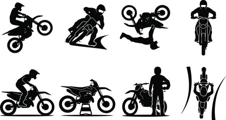Motocross Rider and Dirt Bike Silhouette Set with Racing Stunt Actions © Amina