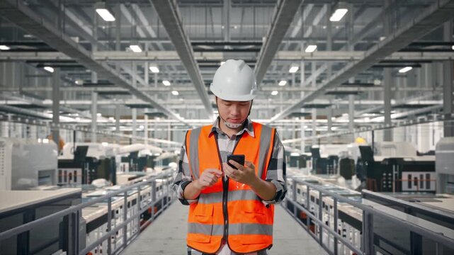 Front View of Asian Male Engineer Use Smartphone While Walking at Modern Solar Panel Manufacturing Factory with Automated Robotic Assembly Line