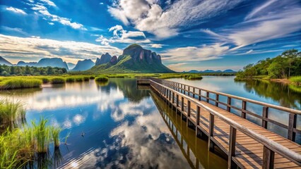 Obraz premium Wooden bridge spanning serene lake