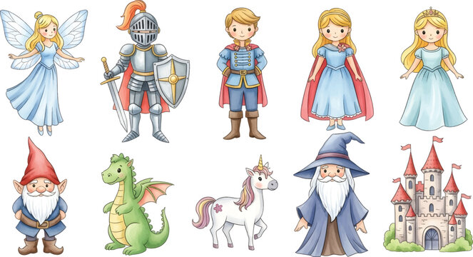 Vector Illustration Cute Fairy Tale Characters Collection with Princess, Prince, Dragon and Wizard
