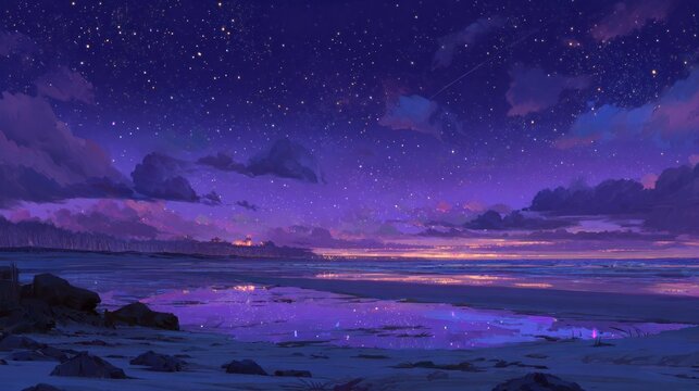 Brilliant starry night sky illuminates a serene coastal landscape with reflective tidal pools