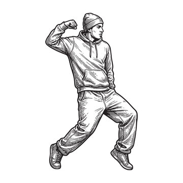 Street Krump Hip Hop Dancer, Detailed Vintage Action Movement Engraving