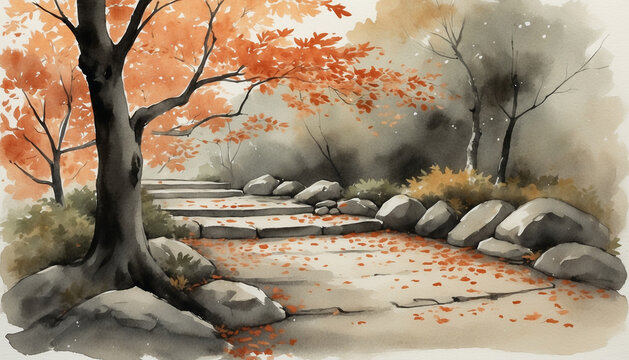 Watercolor illustration of autumn maple leaves on a stone path