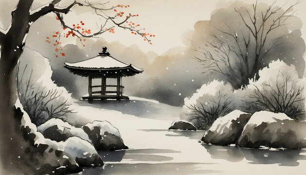 Ink wash sumi-e illustration of a snowy garden pavilion