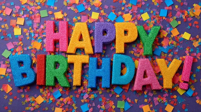 Vibrant glittery happy birthday letters arranged on a dark purple background with colorful scattered paper confetti pieces for party celebrations