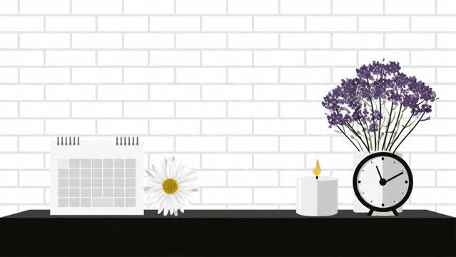 Minimalist interior decor with purple flower clock candle and daisy on white brick background
