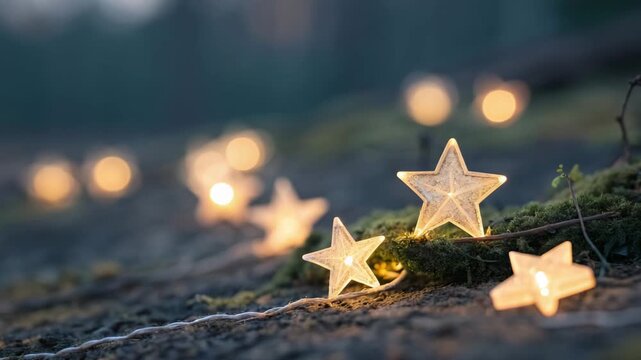 Star shaped fairy lights glowing softly in a forest setting with shallow depth of field during twilight