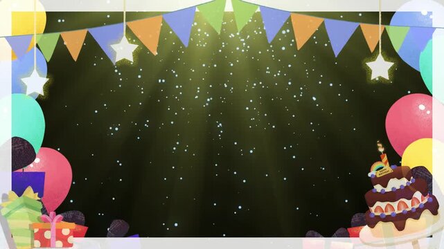 Party border displays festive balloons and a layered chocolate cake against a dark background with light rays.