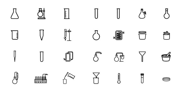Laboratory Glassware Icons Set on White Background, Black Line Drawings with Beakers, Flasks, Test Tubes, Pipettes and Accessories