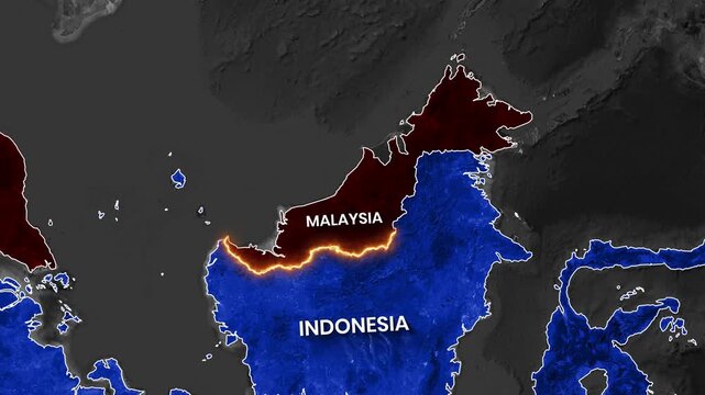 Animated map footage highlighting the border between Malaysia and Indonesia on Borneo