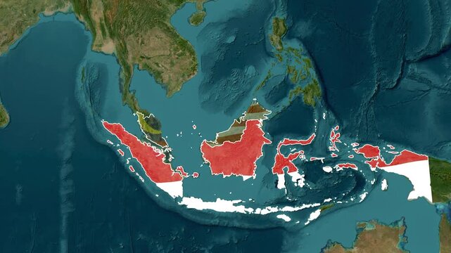 Animated map of Southeast Asia highlighting Indonesian islands with flags