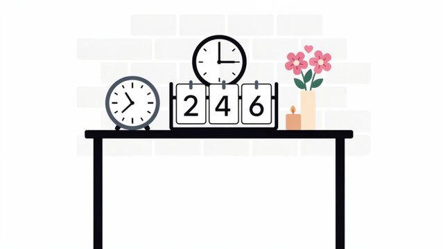 Modern interior scene with black table white clocks pink flowers decor brightness minimalism