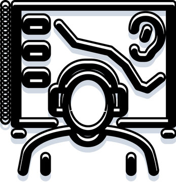 Audiologist wearing headphones conducting professional hearing test in clinic, analyzing audiogram results and using diagnostic equipment to assess patient hearing and ear health