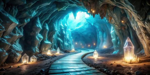 Naklejka premium Ancient crystal cave with glowing rocks and a winding pathway leading into darkness