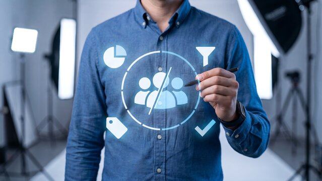 Businessman Holding Stylus Pointing at Holographic Blue Audience Segmentation Circle with Filter Chart Tag and Checkmark Icons Concept