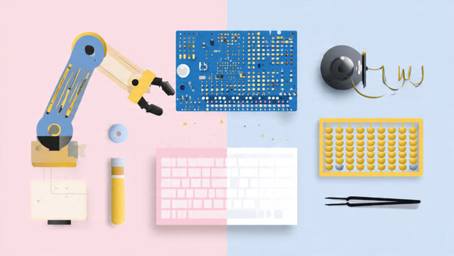 aesthetic flat lay of electronic components and tools in pastel colors for tech project design