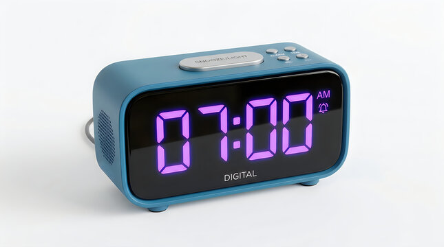 Blue digital alarm clock with glowing purple numbers
